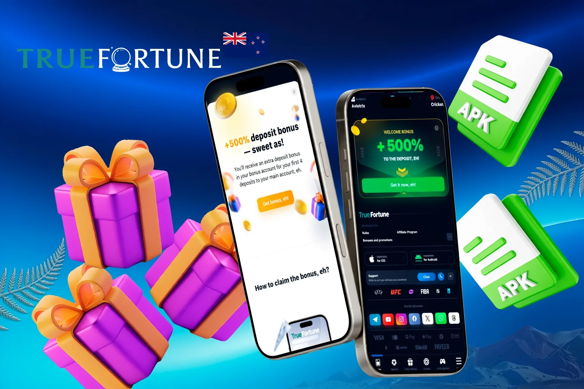 True Fortune mobile app promotion with 200% welcome bonus up to A$2,000 and gift box illustration