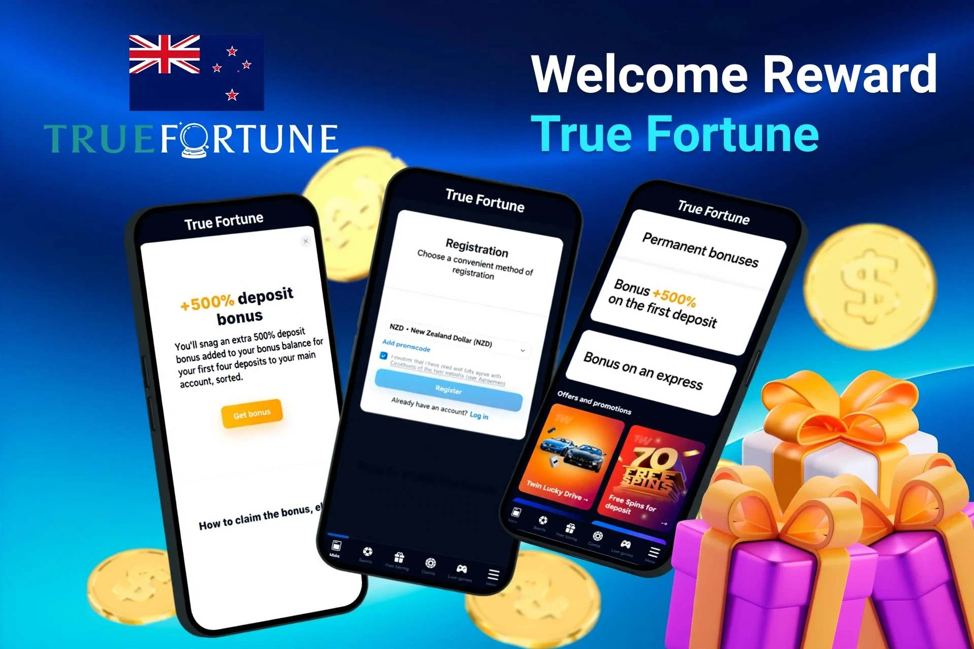 Mobile screens displaying True Fortune registration and 200% welcome bonus up to A$2,000 with gift boxes