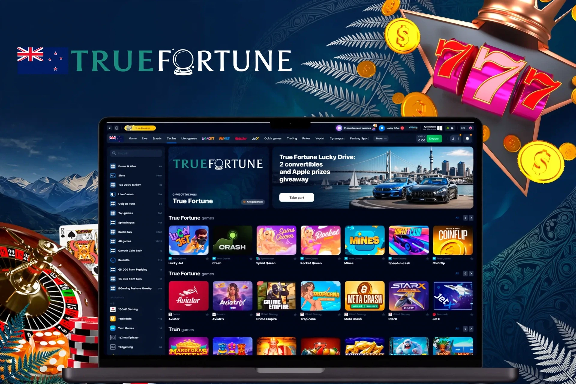 Casino homepage showcasing a selection of pokies, slots and crash games, including Lucky Jet and Blazing Crown