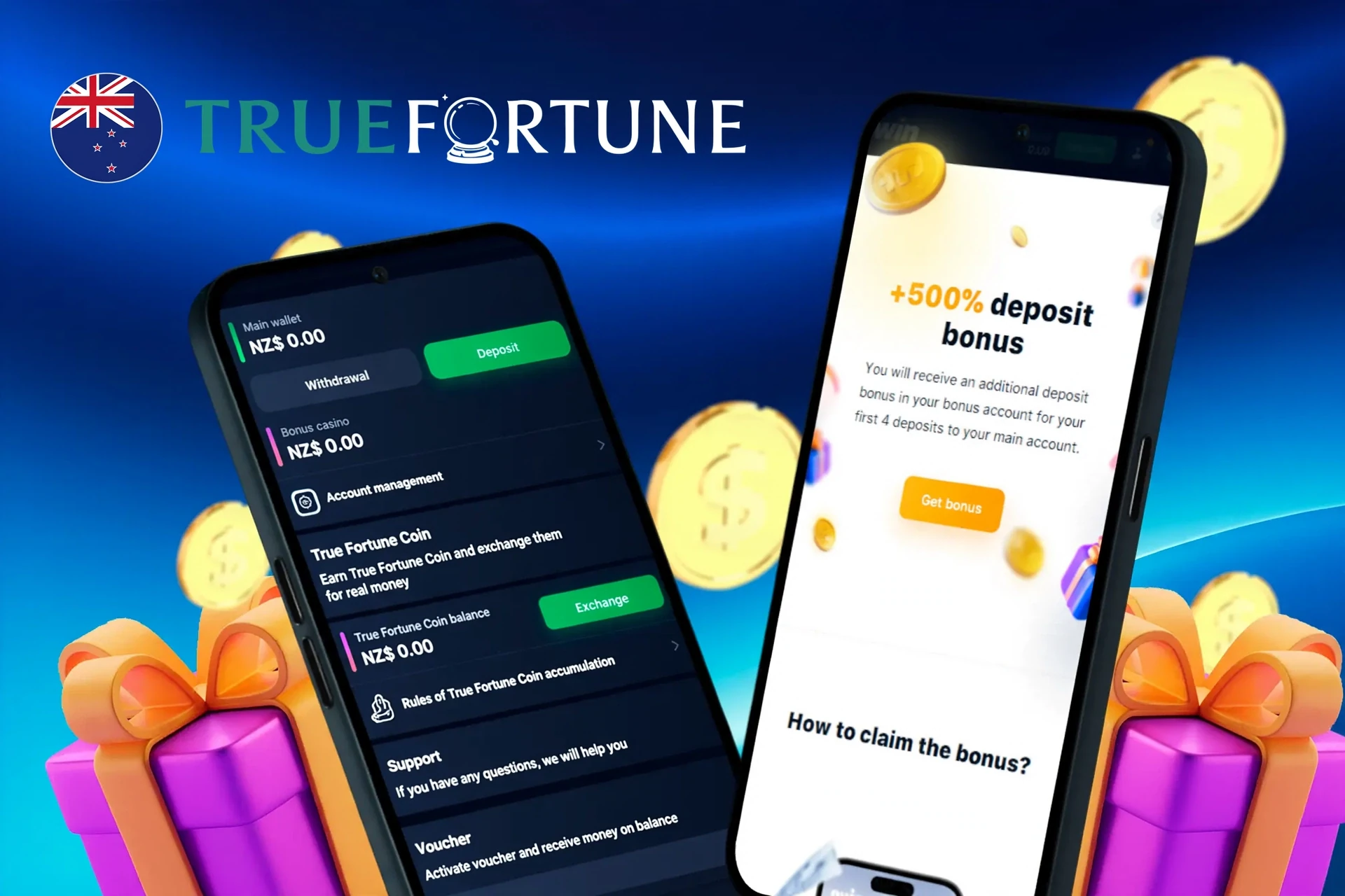 deposit and withdrawal screen showing wallet balance, account management options, and a 200% welcome bonus up to A$2,000 on True Fortune