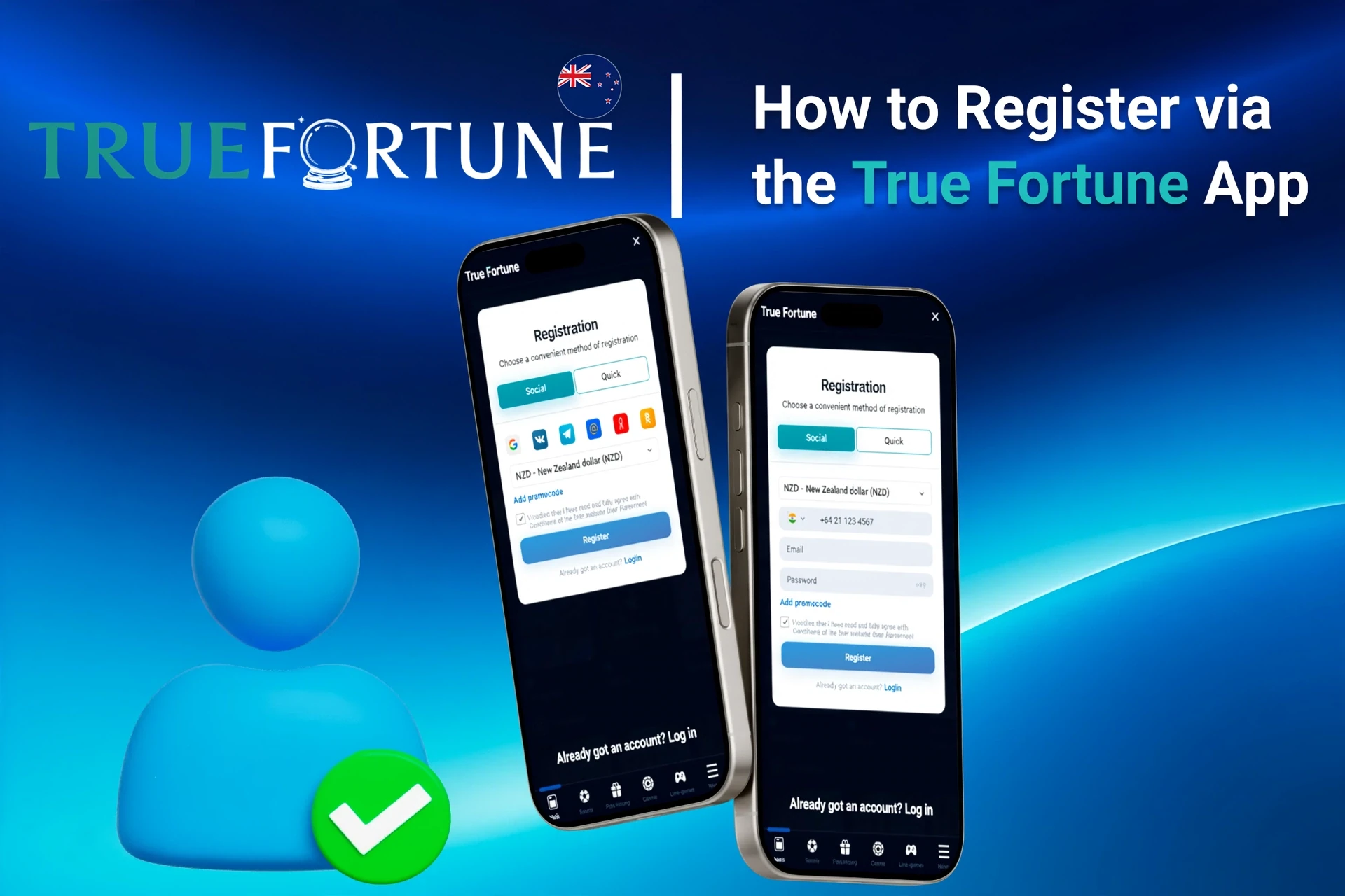 Registration process on the True Fortune mobile app with social login options