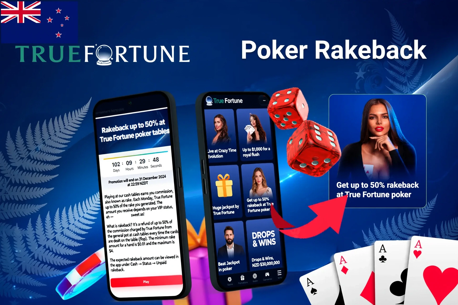 Mobile app with True Fortune poker rakeback offer up to 50%, red dice, and playing cards