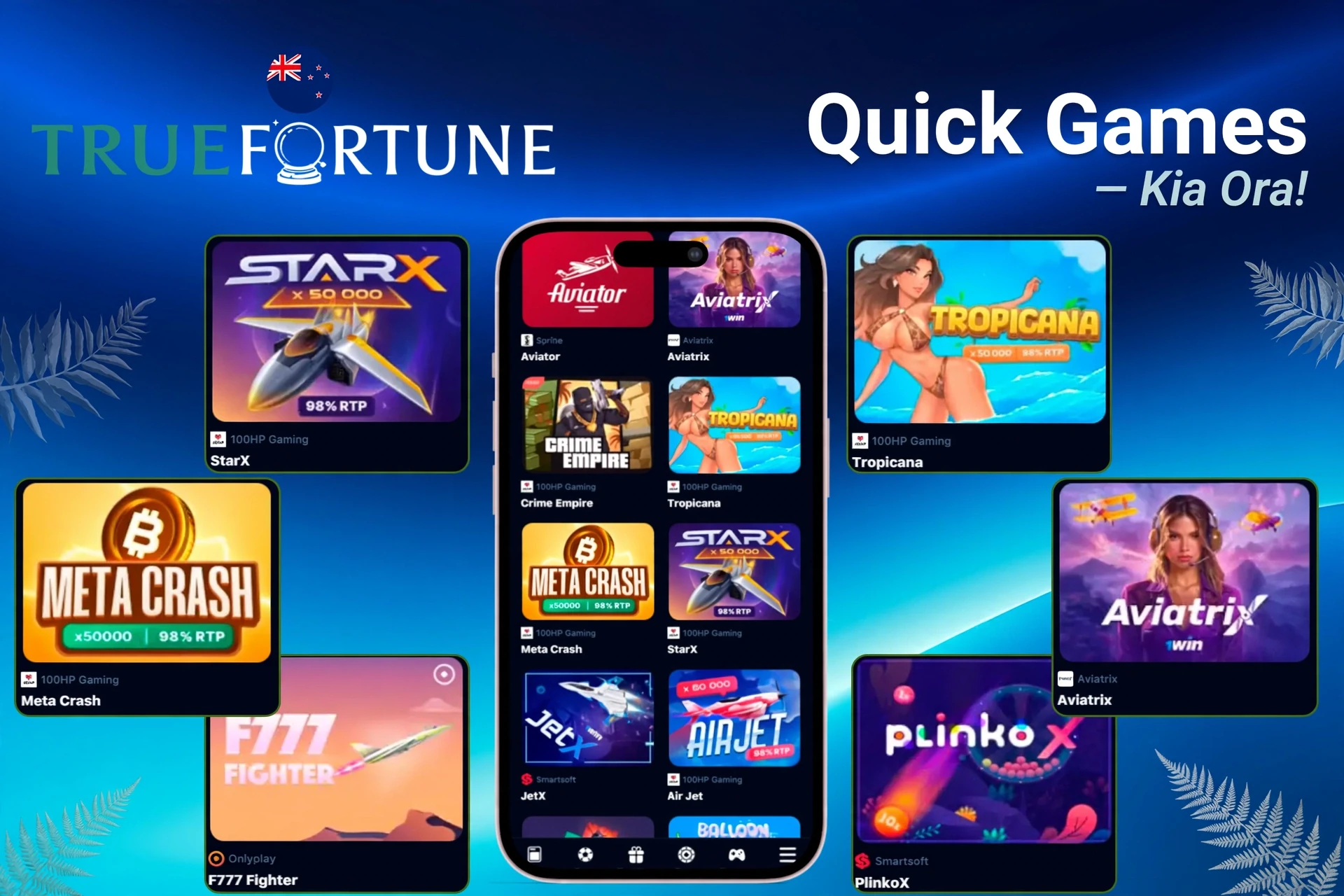 Quick game titles like StarX, Tropicana, Meta Crash, and PlinkoX highlighted on mobile app