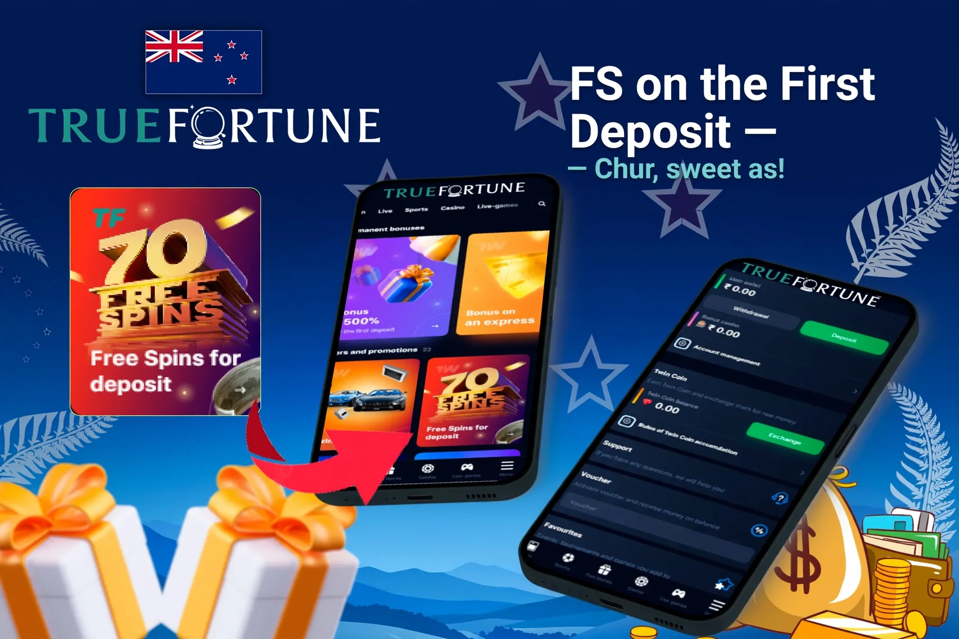 Mobile app showing casino game offers like loyalty program and free spins with poker chips and cards