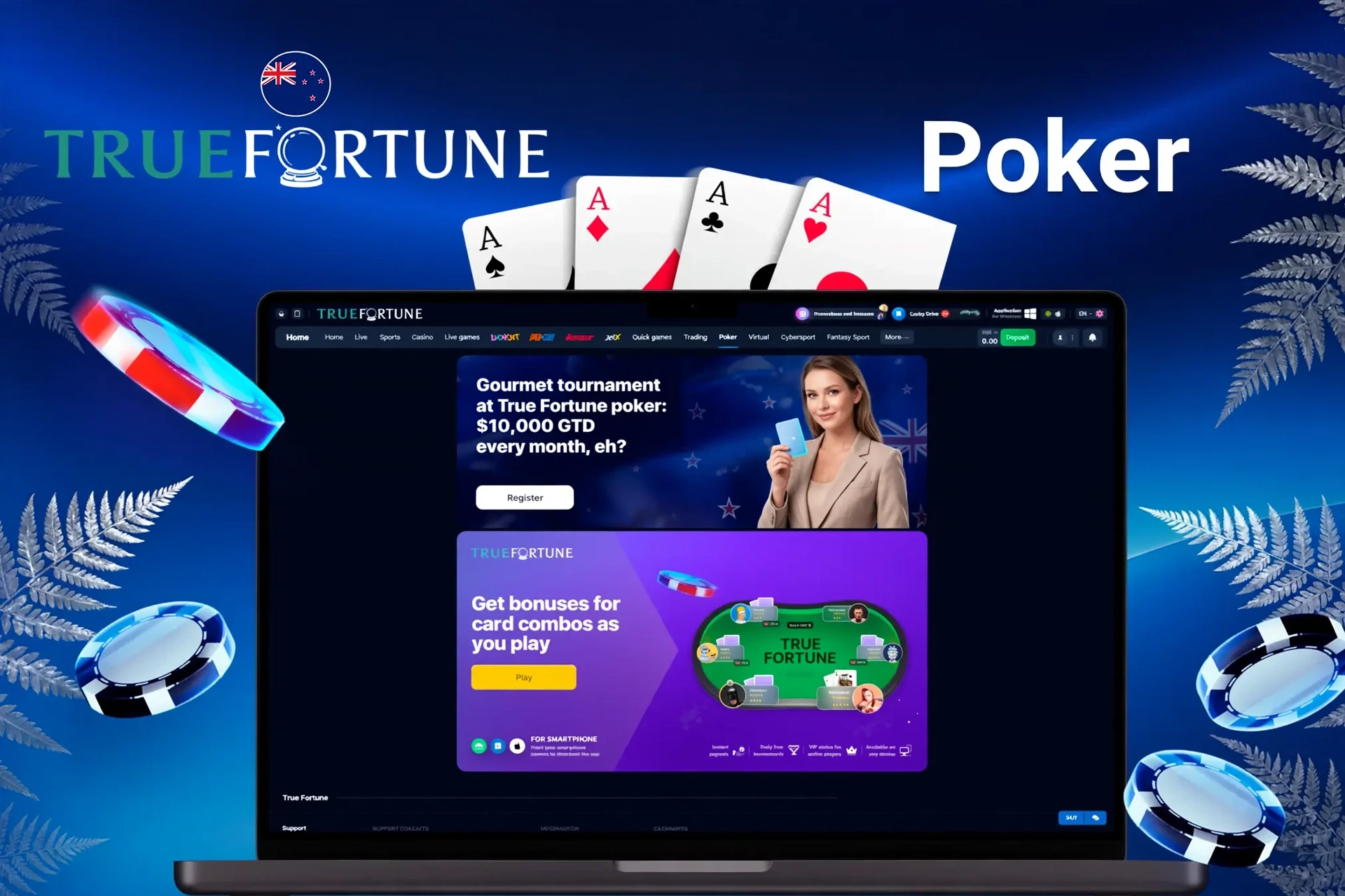 True Fortune poker promotion showcasing a tournament with A$10,000 guaranteed prize and card combo bonuses