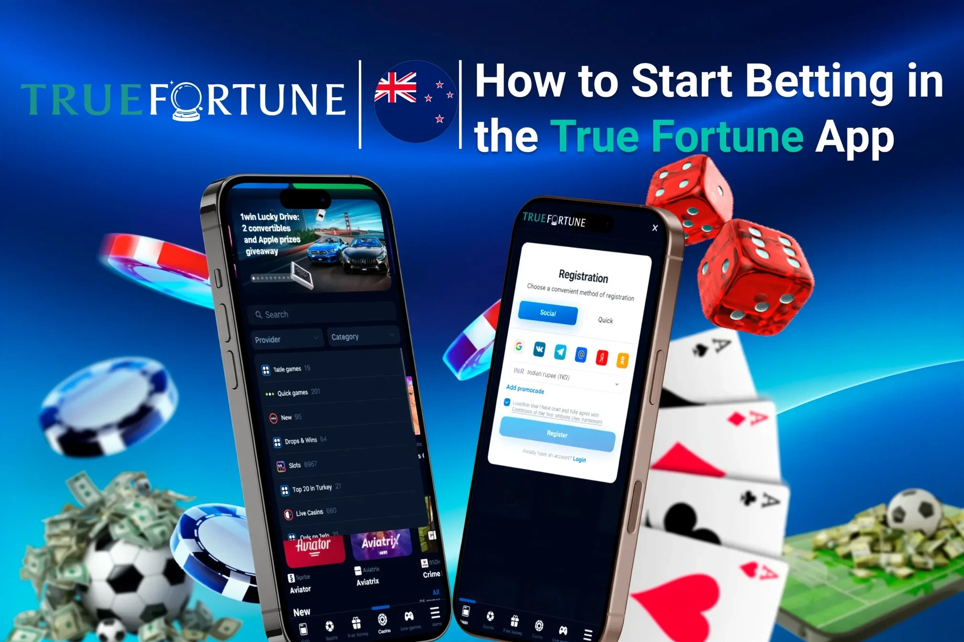 Step-by-step guide to starting betting on the app, with registration and game selection shown on mobile screens