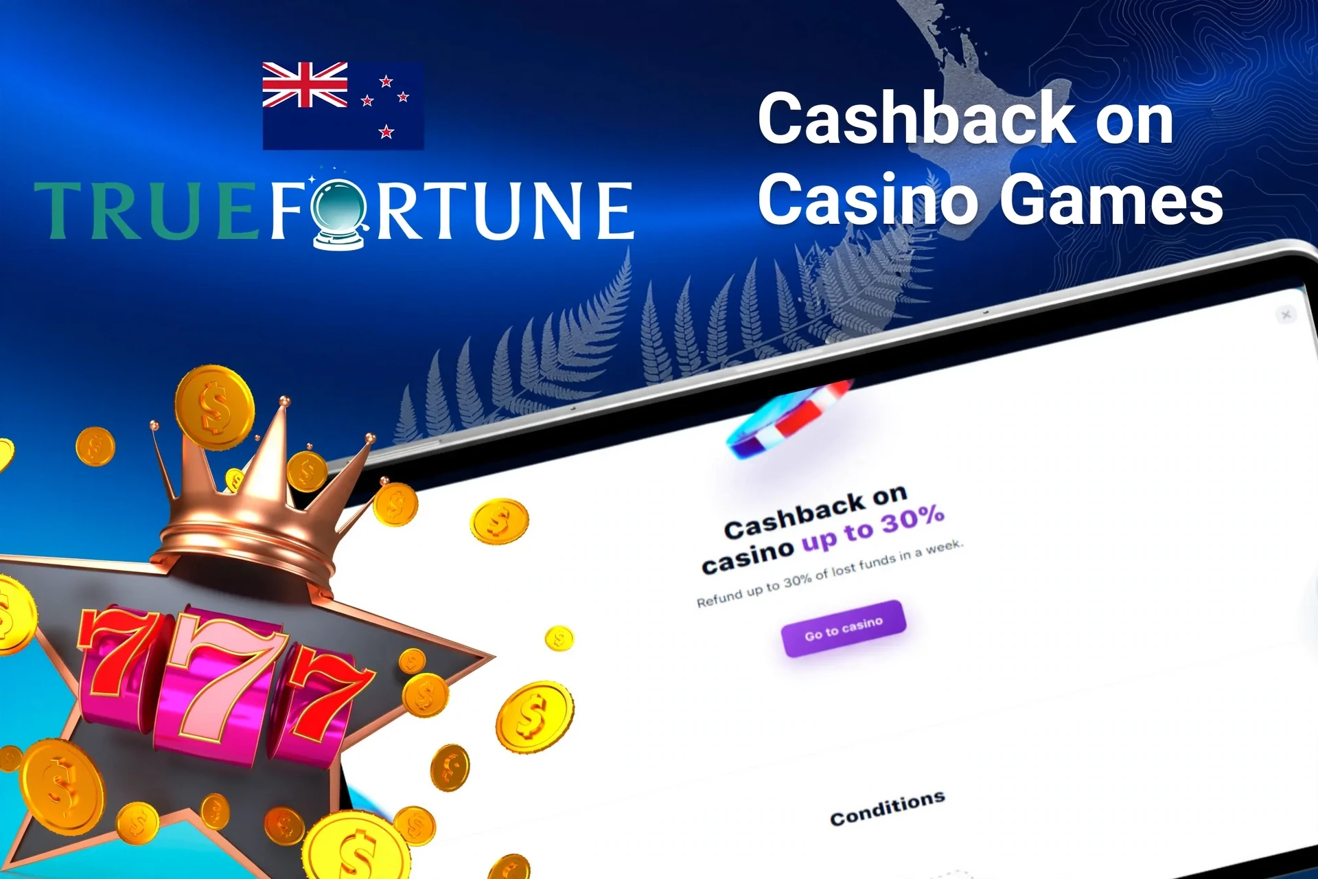 Mobile app with True Fortune poker rakeback offer up to 50%, red dice, and playing cards