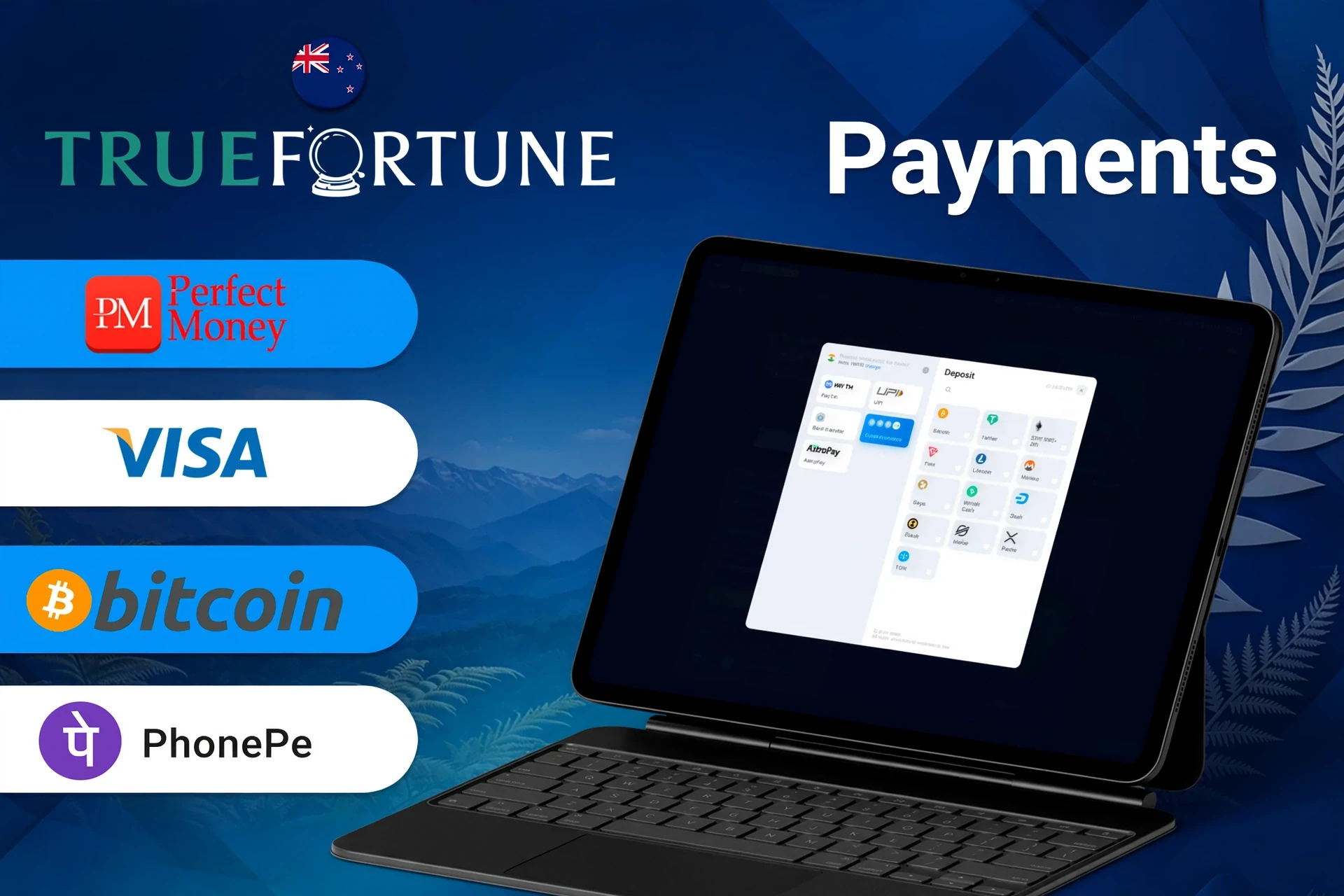 True Fortune payment methods including Perfect Money, Visa, Bitcoin, and POLi for fast and secure transactions for AU players