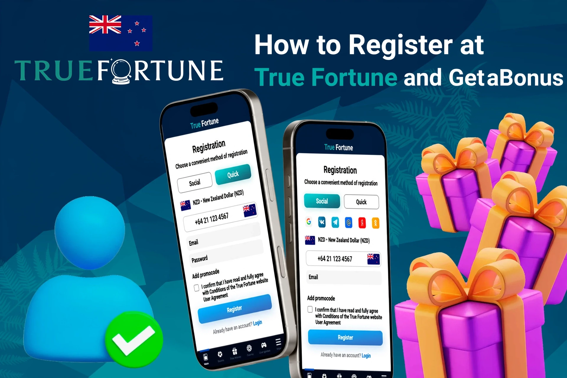 Mobile registration page for True Fortune showing bonus offers with purple and gold gift boxes