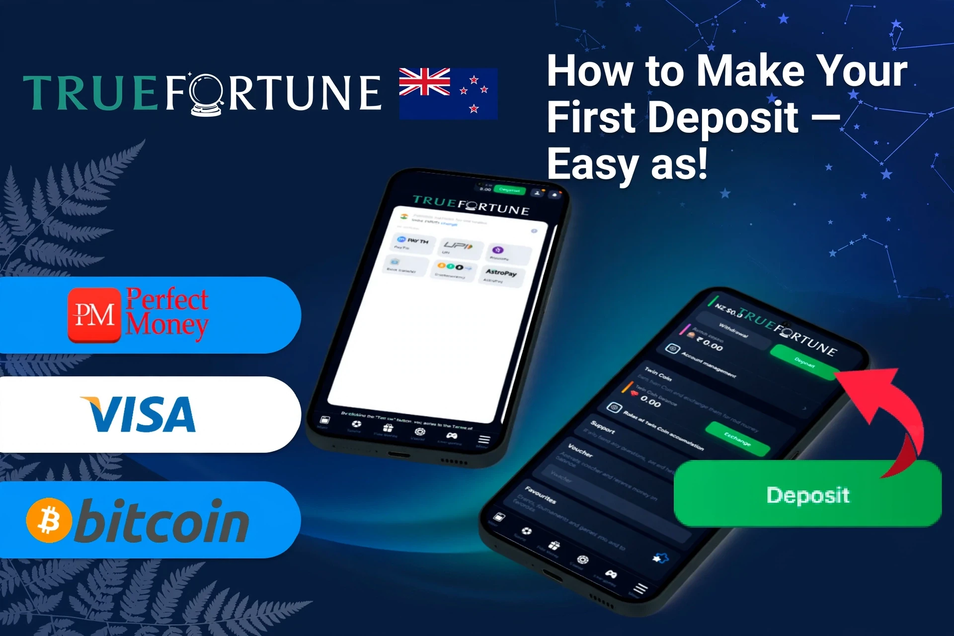 mobile app with deposit options including Perfect Money, Visa, and Bitcoin, along with deposit button