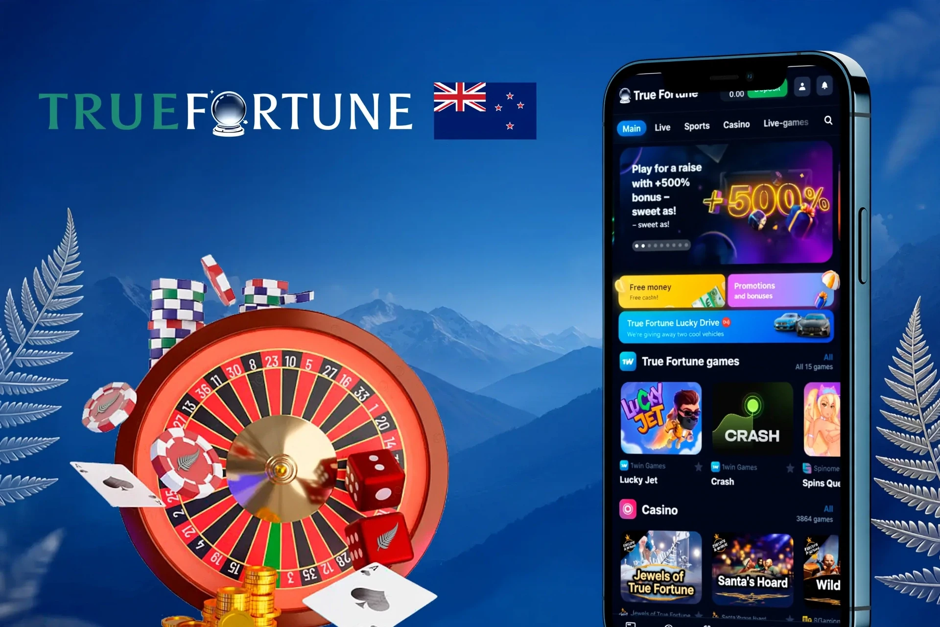 Mobile version of the True Fortune app displayed on smartphones, offering quick access to various betting and gaming features