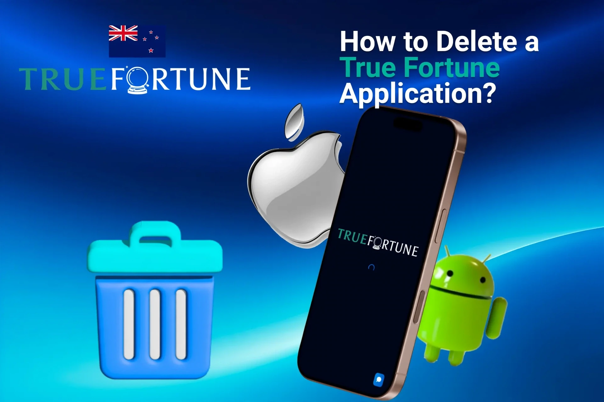 Instructions on how to delete the application from iOS and Android devices, shown with app icons