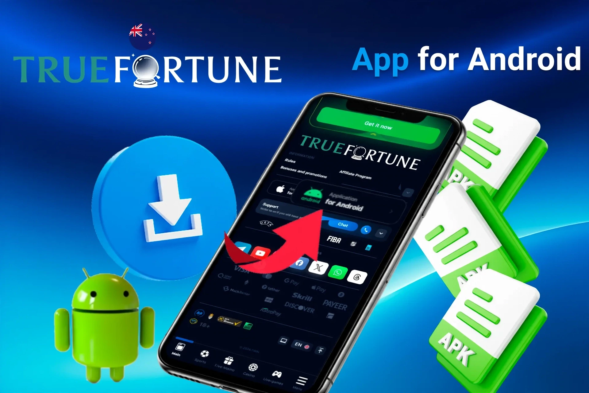 True Fortune Android app download process with APK file icons and Android mascot