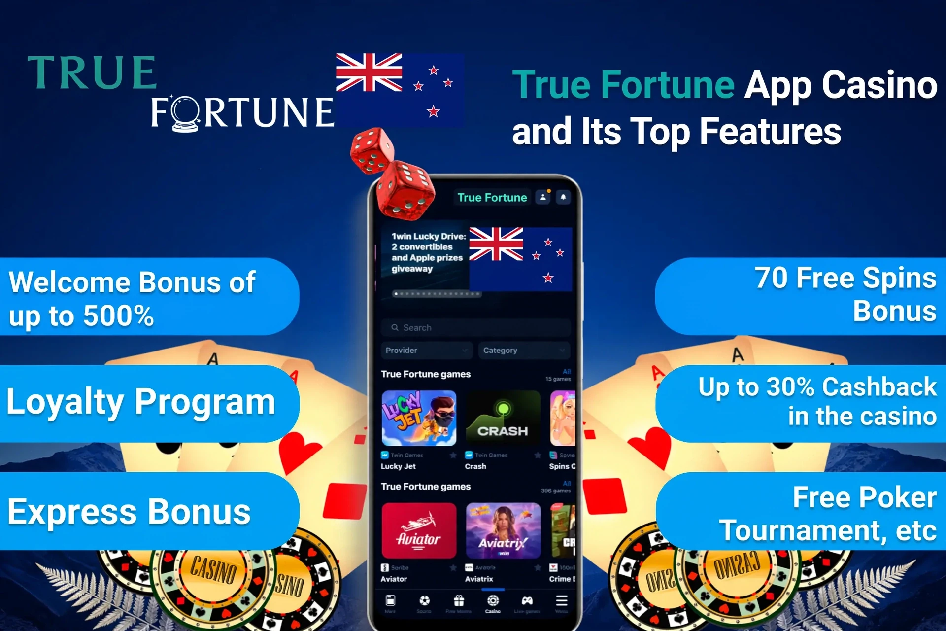 1Win App Casino top features including welcome bonus, loyalty program, and express bonus on mobile interface