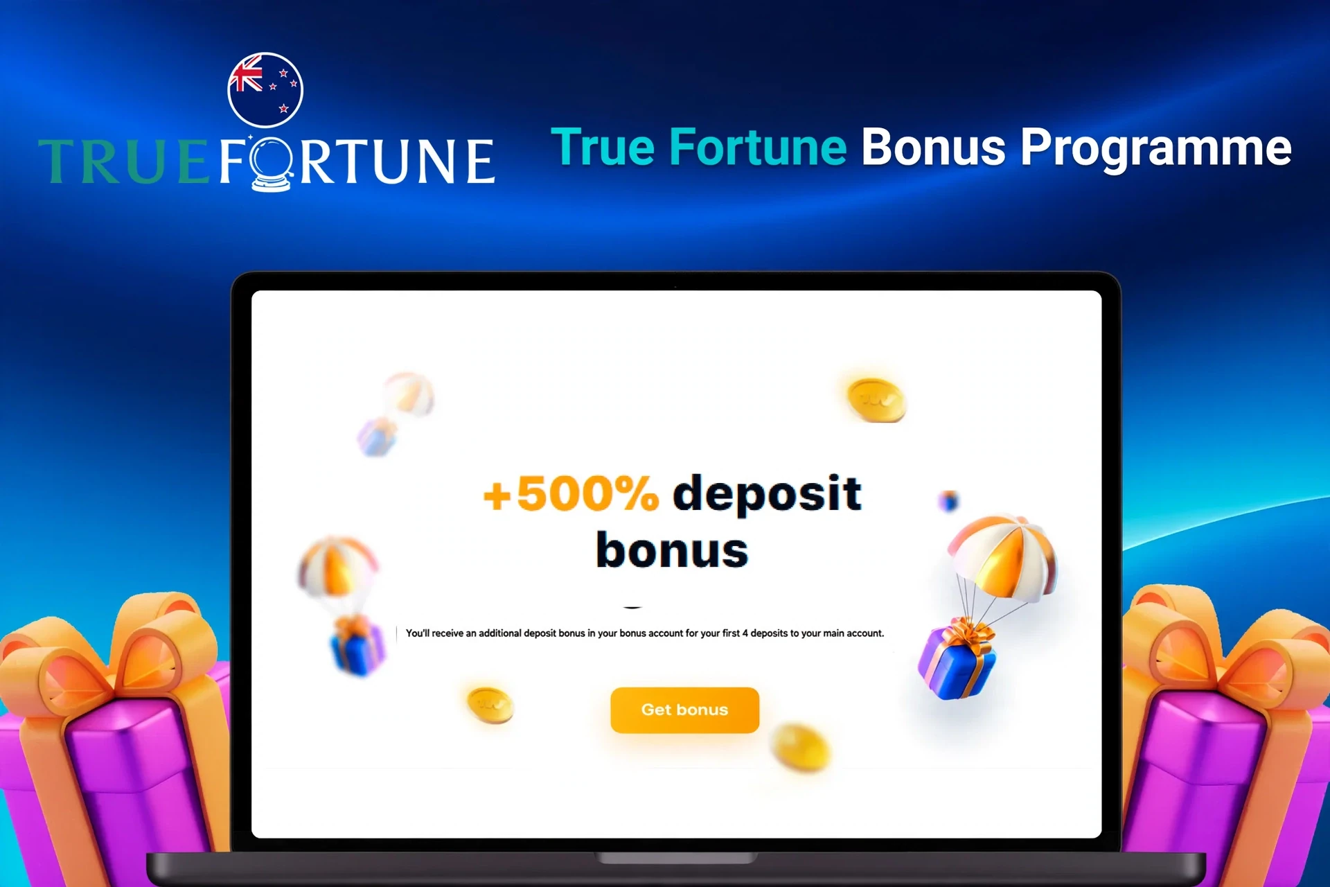 Laptop showing welcome offer of +200% deposit bonus up to A$2,000 with floating coins and gifts