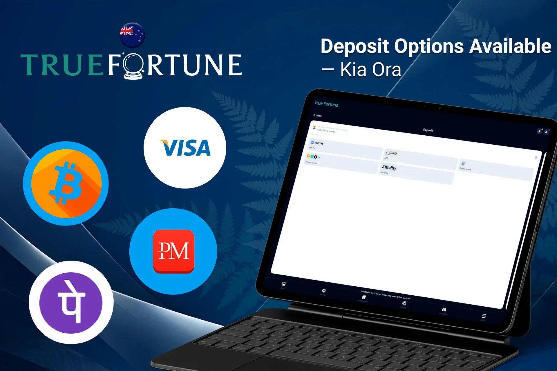Deposit options available on True Fortune platform, including Bitcoin, Visa, Skrill, and Neteller, displayed on a tablet