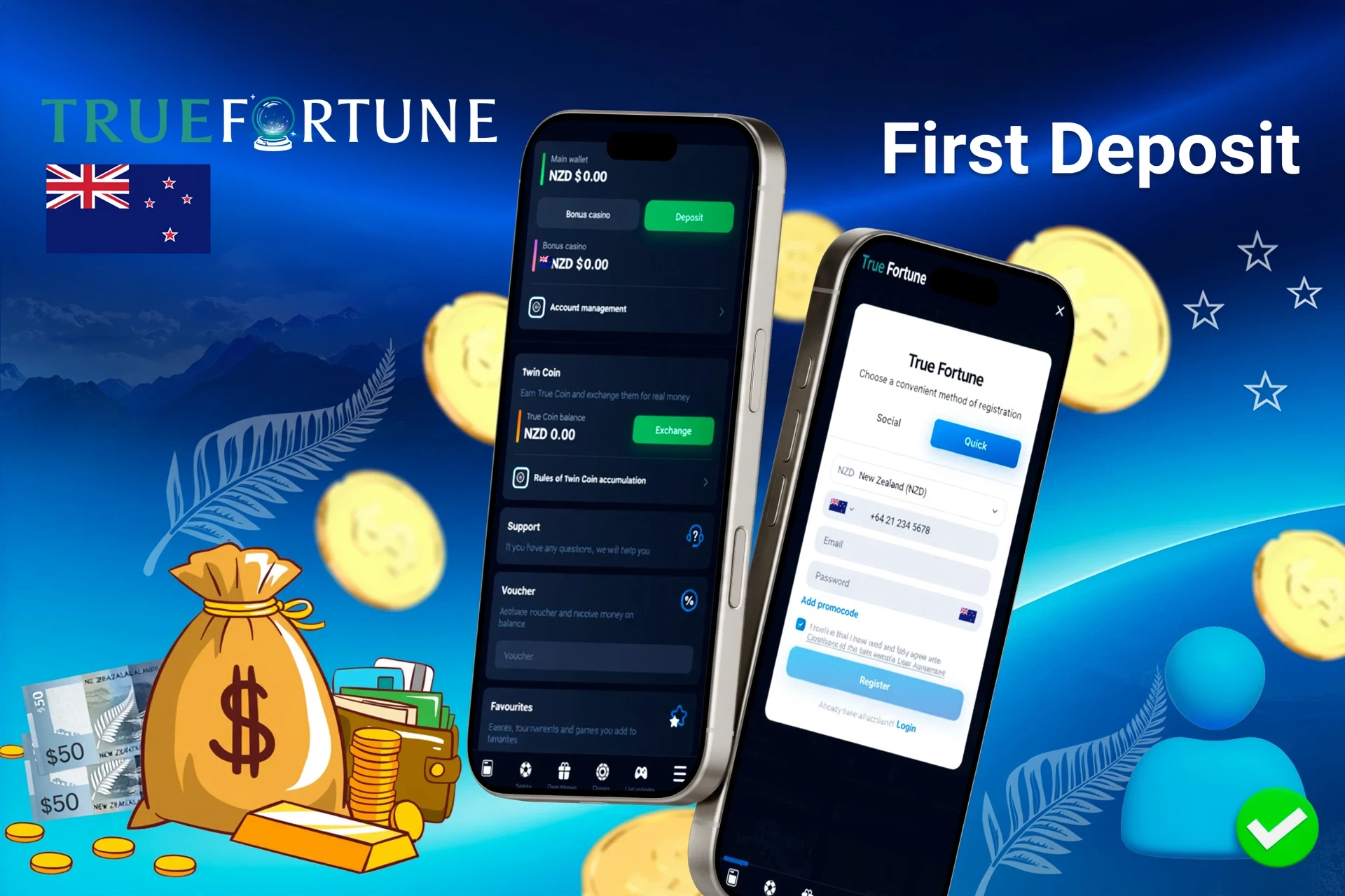 mobile interface showing steps to make the first deposit, with icons for payment options and bonus registration