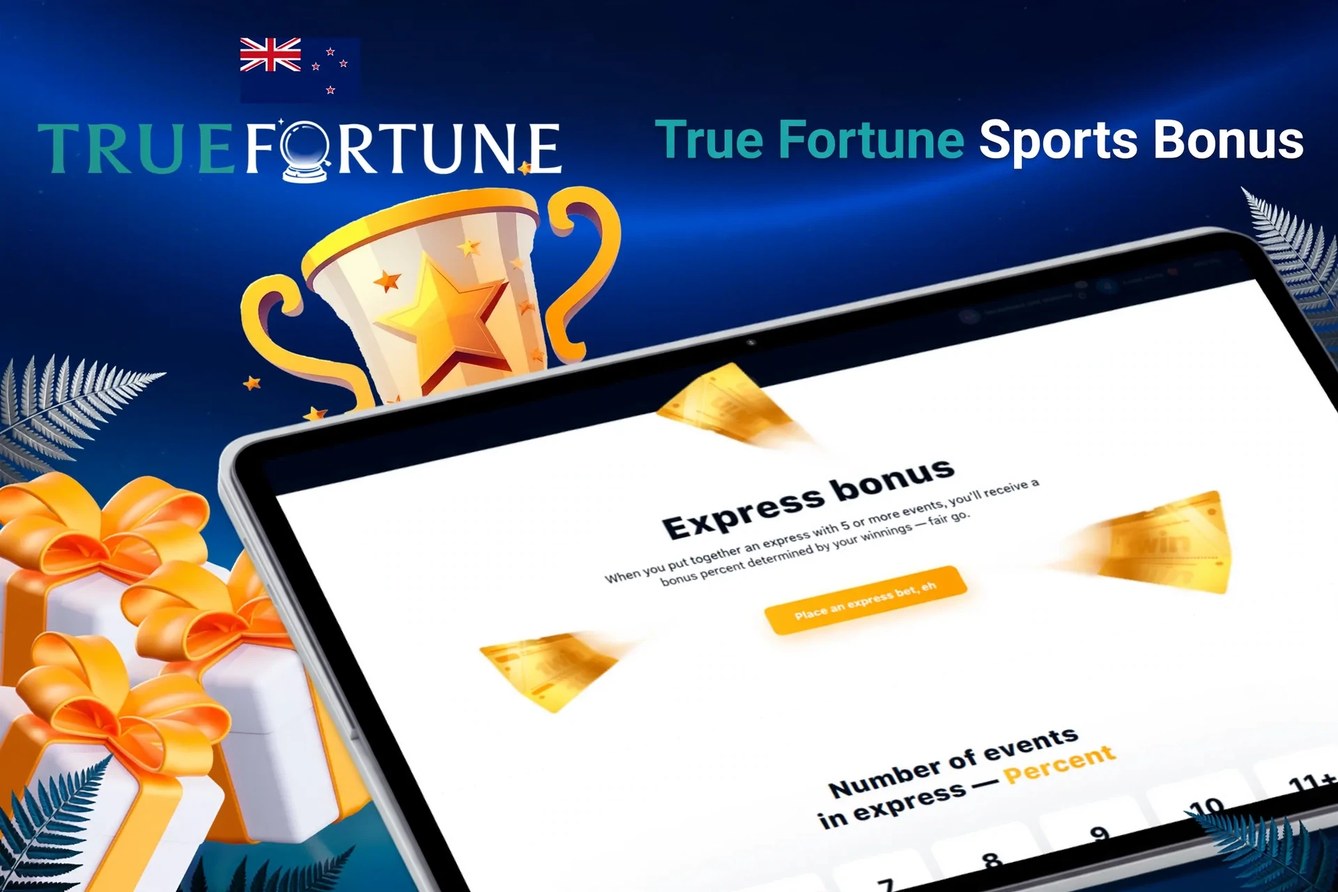 Tablet screen with express bonus offer for sports betting from True Fortune, with trophy and gift boxes.