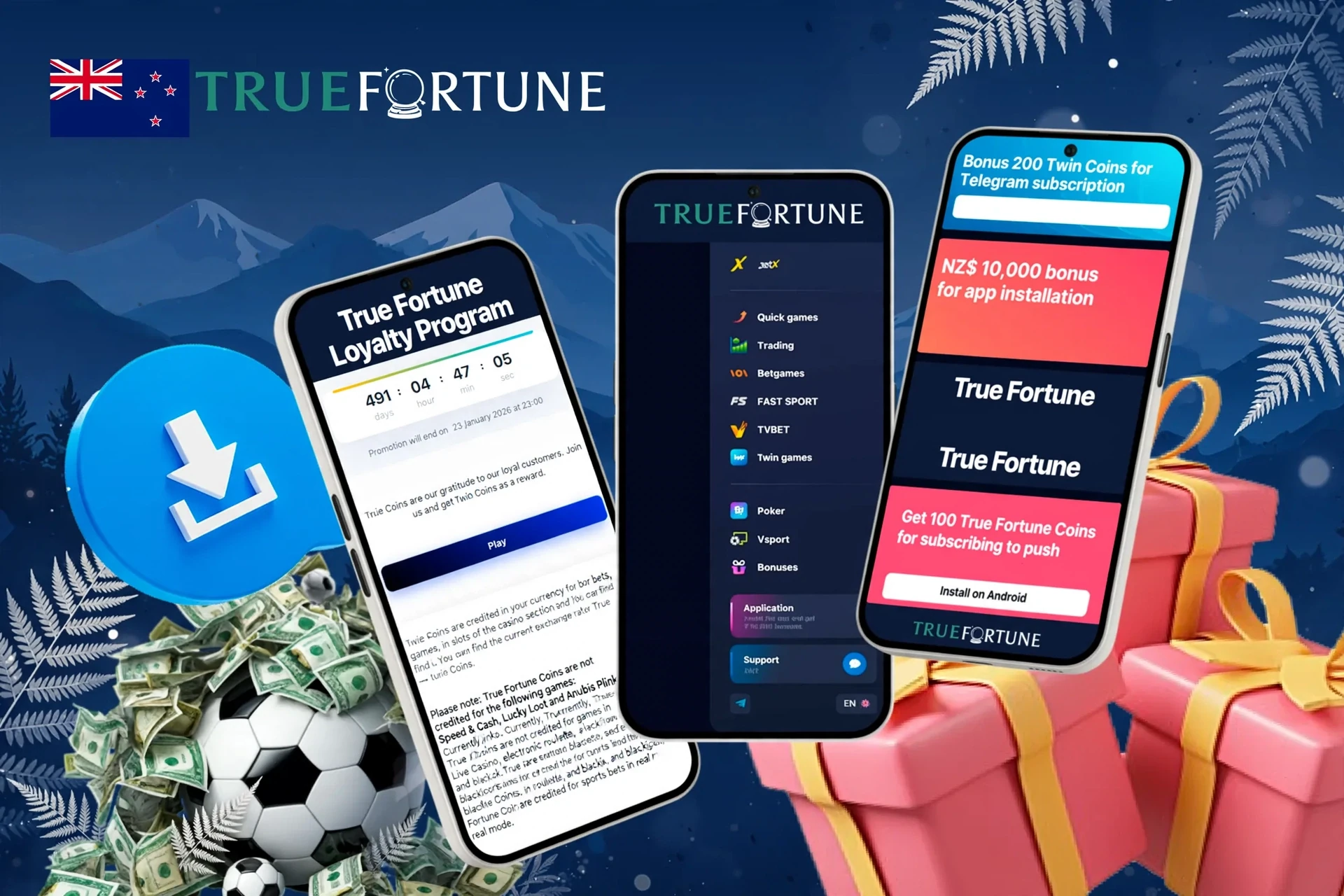 Mobile screens showing loyalty program, app installation bonus, and football icon with download button