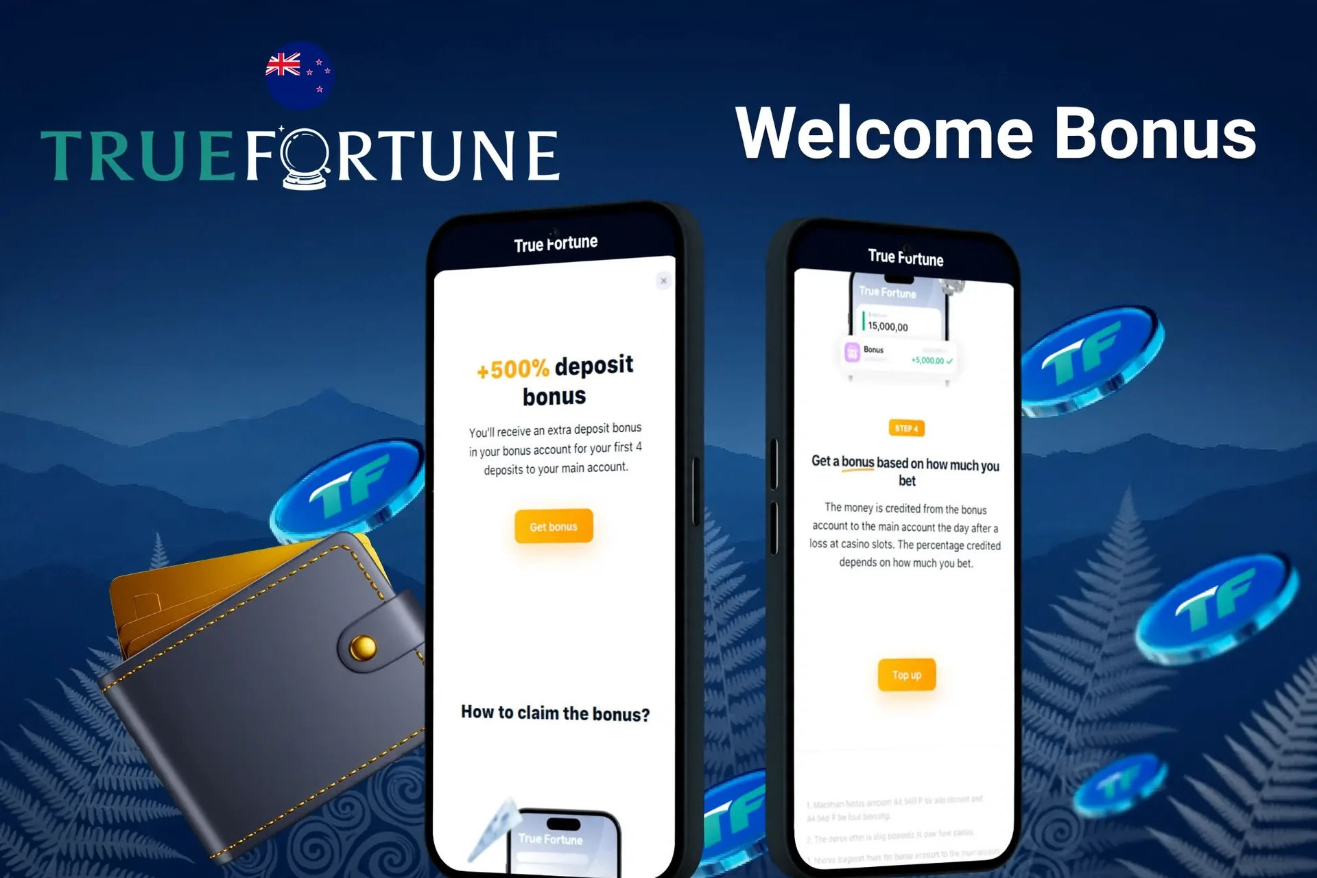True Fortune welcome bonus screen with +200% deposit bonus for first deposit, displayed on two mobile screens