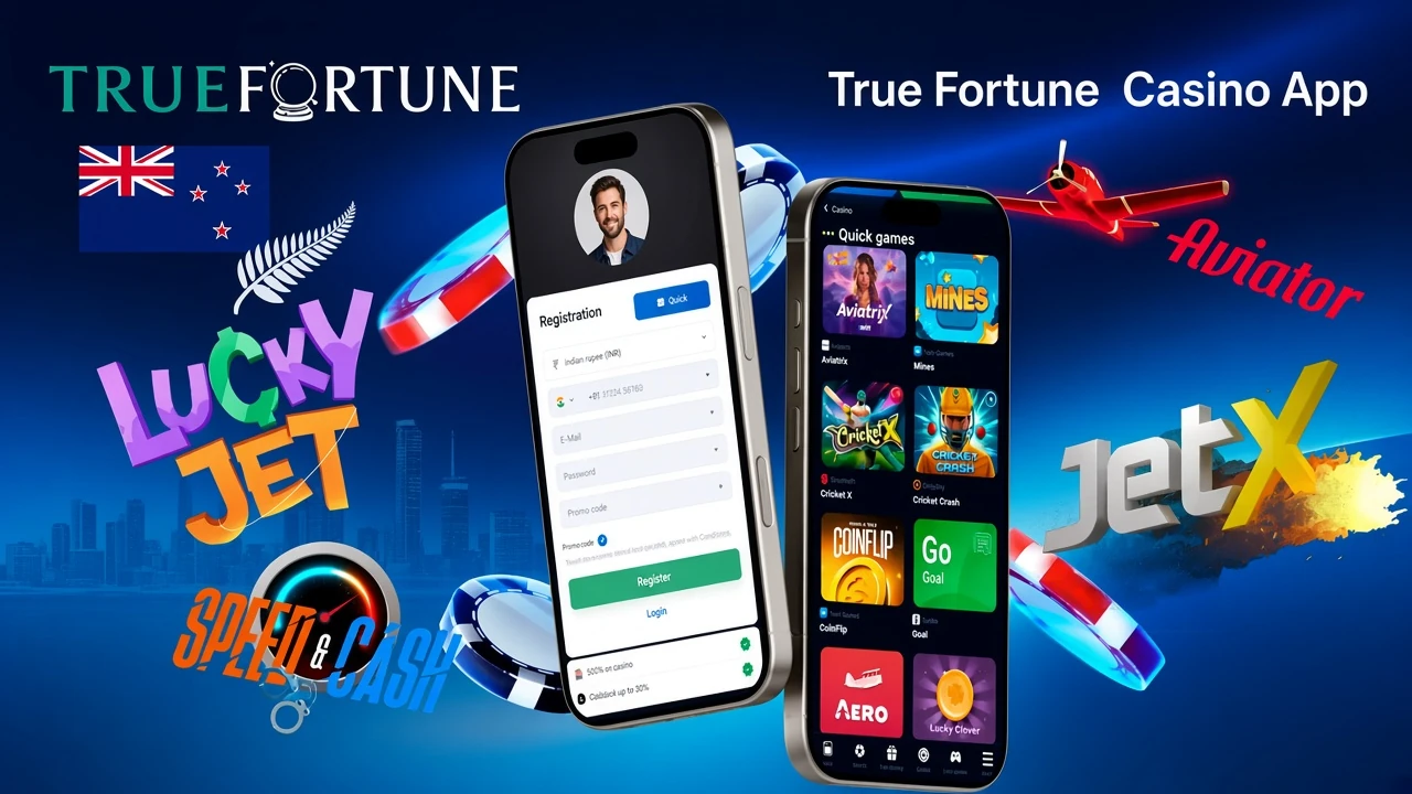 True Fortune Casino app registration screen with quick games like Aviatrix and JetX
