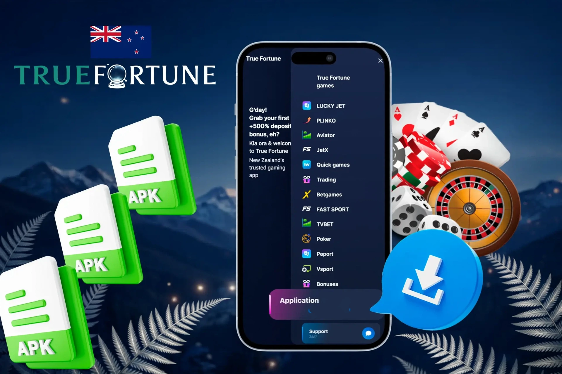 True Fortune app with APK file icons and casino chips illustrating mobile access to True Fortune games