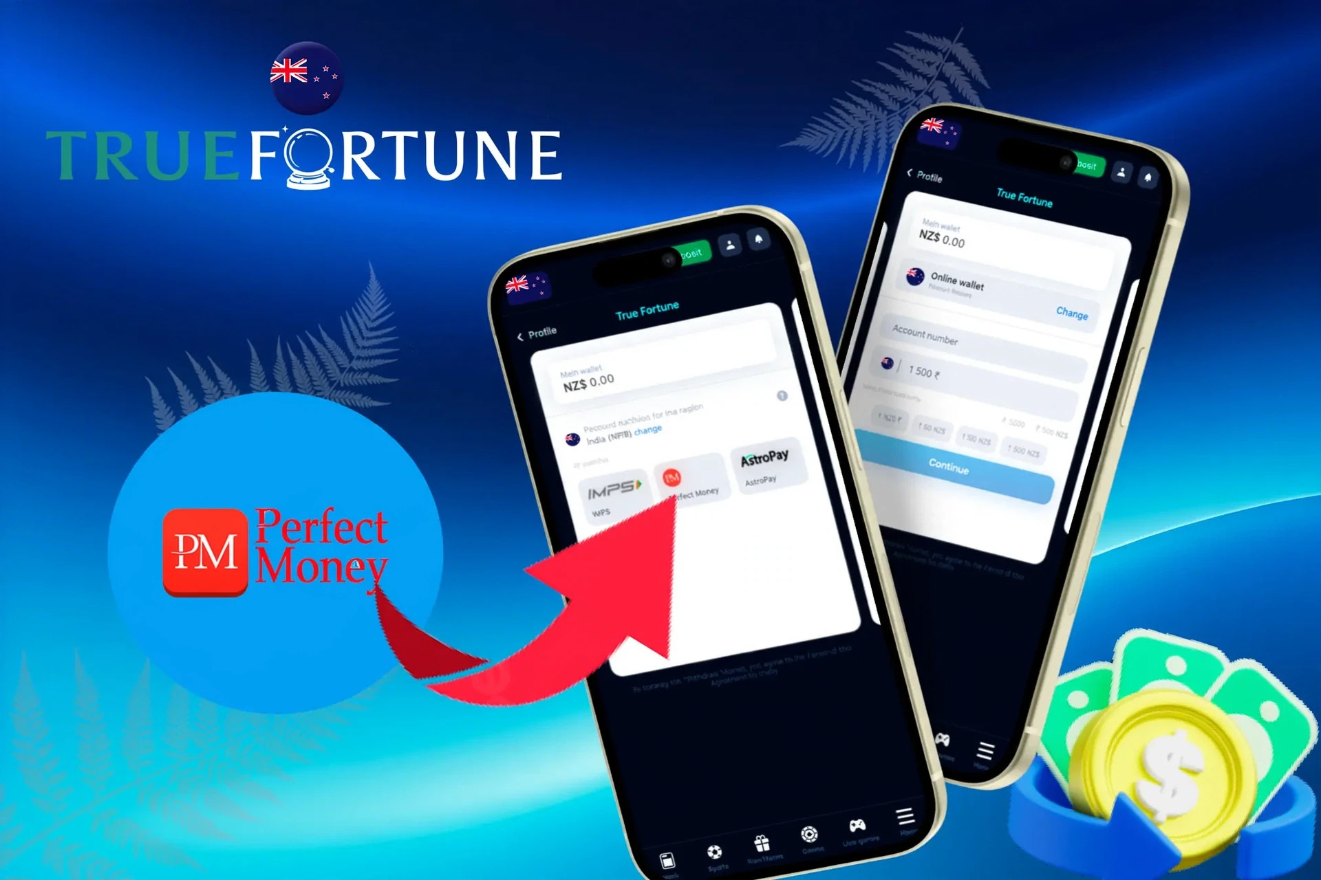withdrawal options, featuring Perfect Money, POLi, and other wallet services, shown on a mobile interface