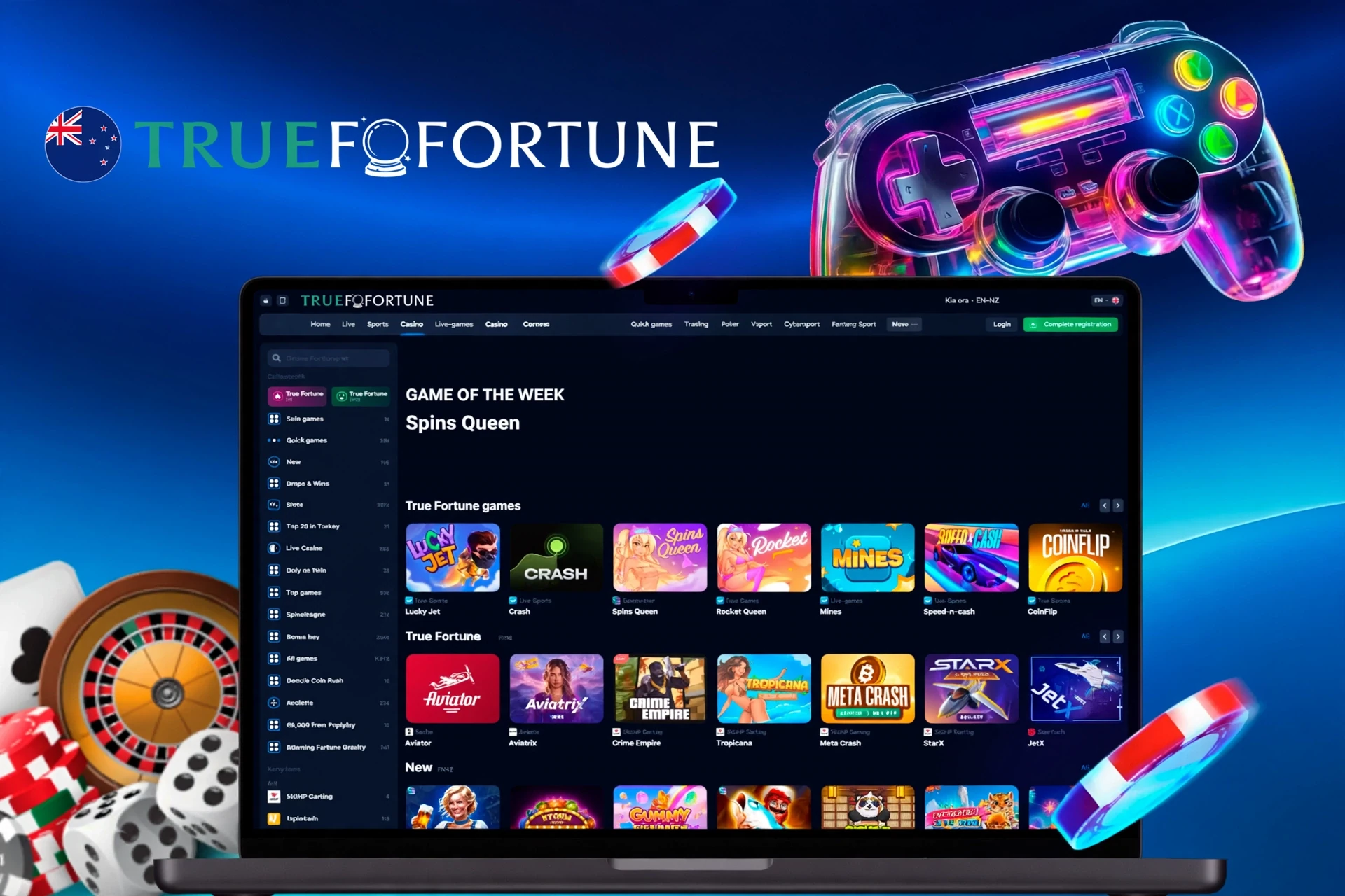 app interface showing a variety of games like Spins Queen, Crash, and Rocket Queen with a vibrant game controller icon