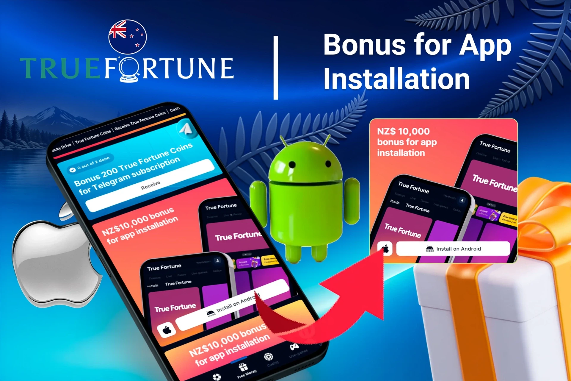 True Fortune bonus offer for app installation on mobile with Android and Apple logos, and gift boxes