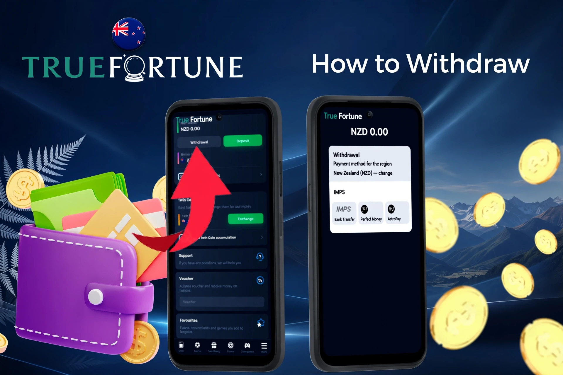 mobile interface showing True Fortune withdrawal process with an arrow pointing to withdrawal options and available wallet balance