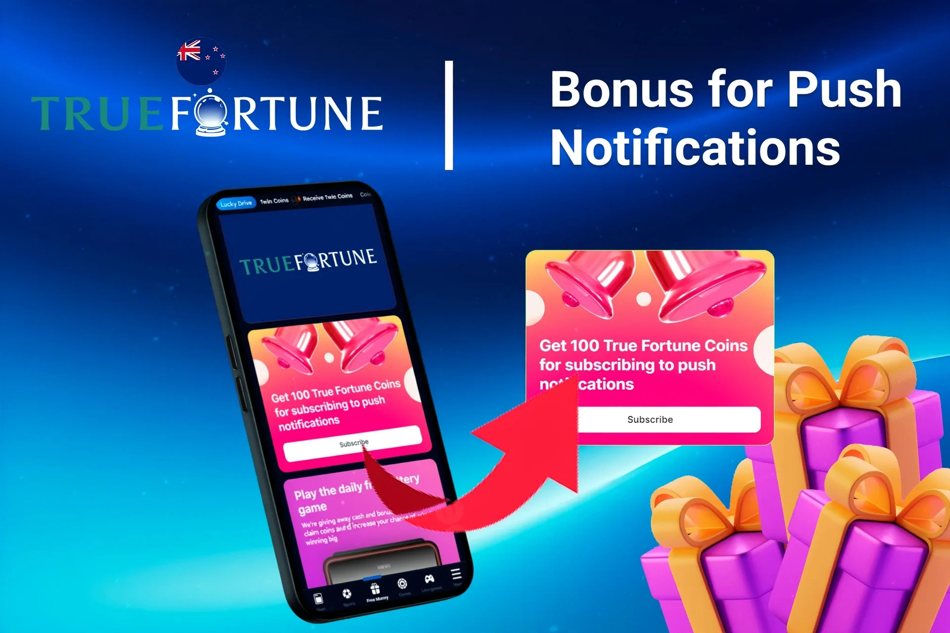 mobile app showing bonus offers and promotions with coins and poker-related graphics