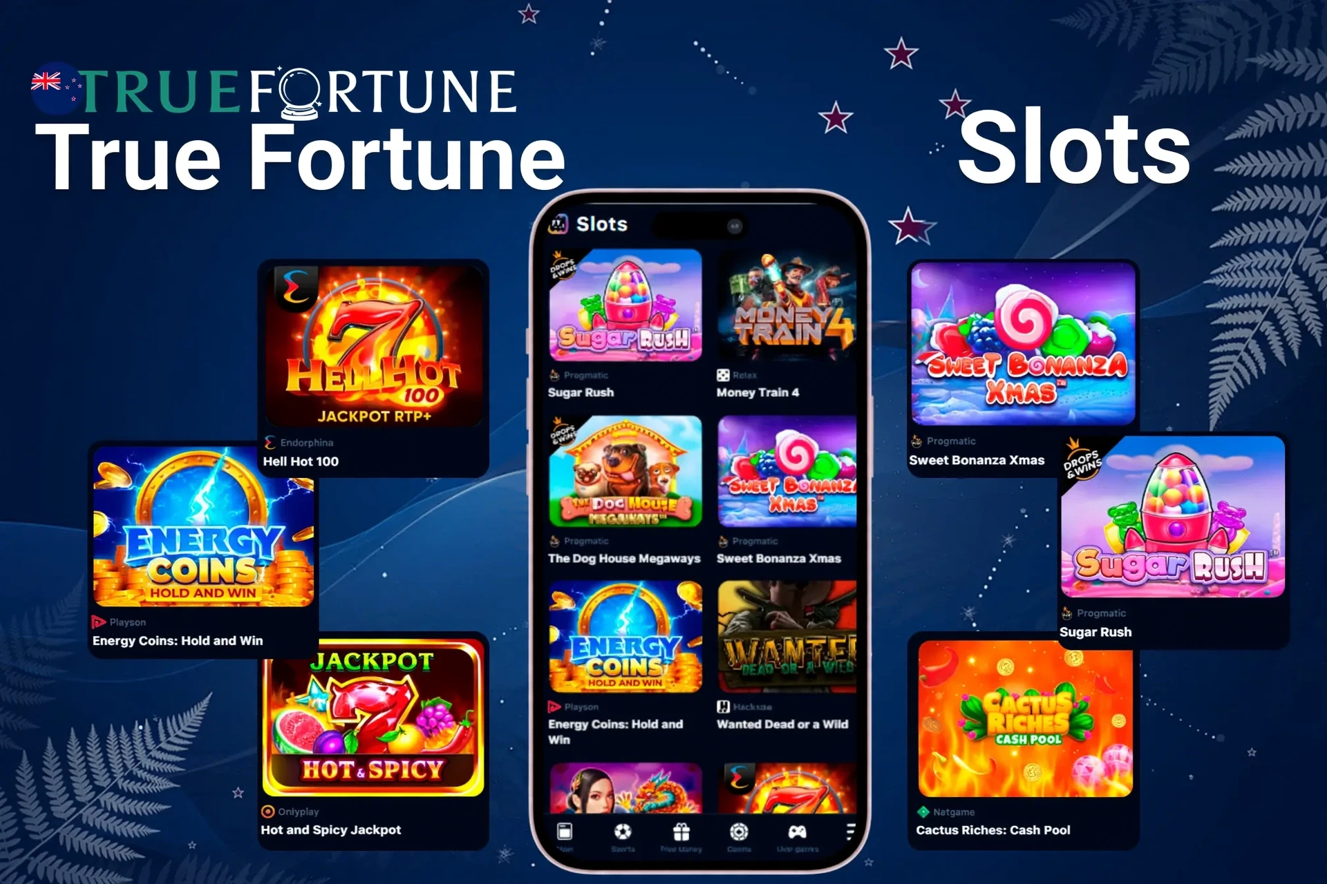 Slot titles like Sugar Rush, Energy Coins, and Hell Hot 100 showcased on mobile and desktop