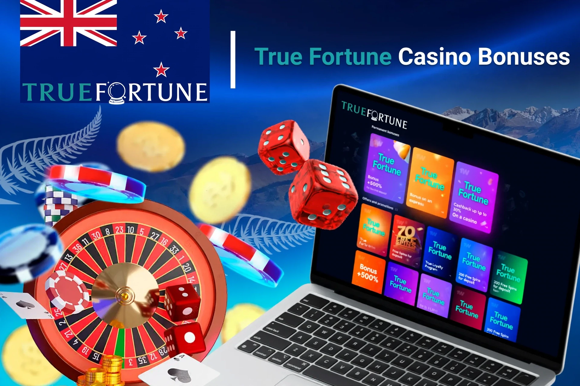 Laptop screen showing various True Fortune casino bonuses with roulette, dice, and poker chips
