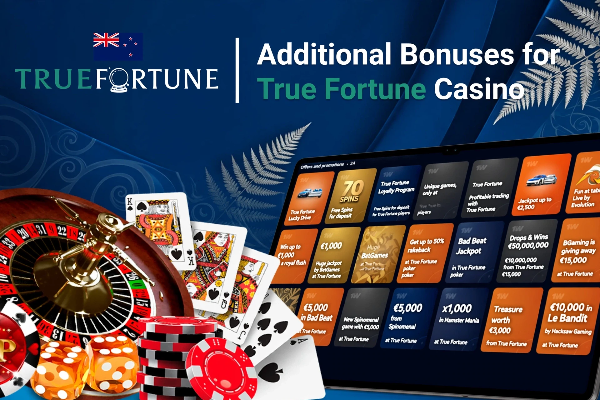Mobile app showing casino game offers like loyalty program and free spins with poker chips and cards