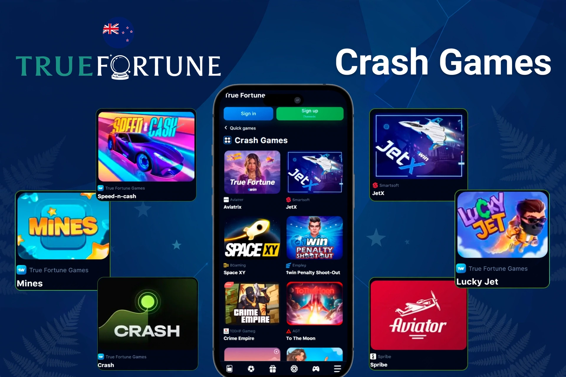 Crash titles like Mines, Aviator, and Speed-n-Cash shown on mobile app